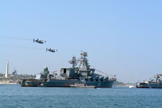 Russian naval parade in a bay of Sevastopol                               