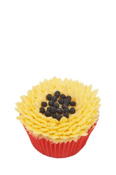 Fresh vanilla cupcake with sunflower buttercream icing decoration on white background