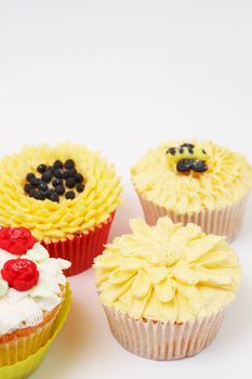 Variety of vanilla cupcakes with various buttercream decorations on white background