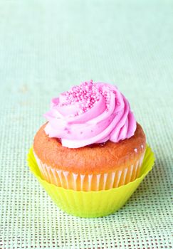 Freshly baked strawberry and vanilla cupcake on green background