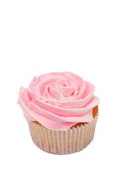 Fresh vanilla cupcake with rose buttercream icing on white background