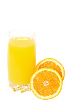 Fresh orange juice with sliced orange isolated on white background