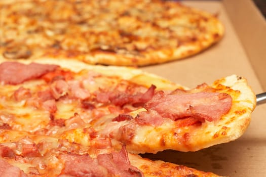 Tasty italian thin crust pizza with bacon and mozzarella cheese