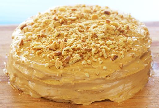 Caramel medovik cake made of honey and caramel cream