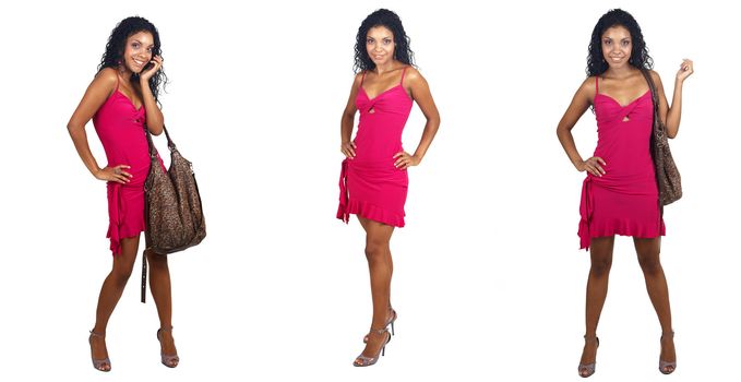 Beautiful brunette woman wearing pink cocktail dress in various poses smiling on white background. Not isolated 