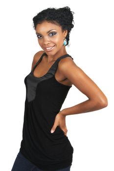 Beautiful brunette woman wearing party clothes and accessories smiling on white background