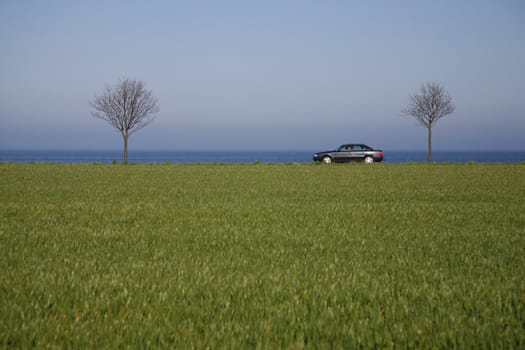 Car driving along a coastal highway - Denmark - at springtime. Motion blur.