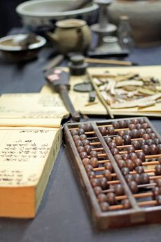 abacus and book on the table in a chinese old shop 