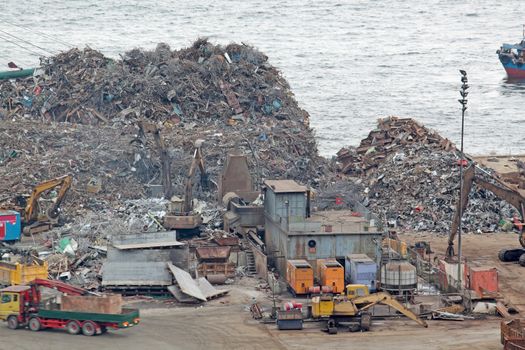 scrap yard recycling at day in hong kong