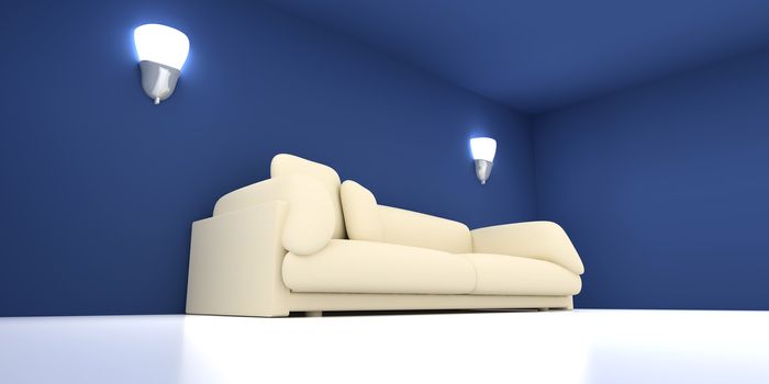 3D rendered Interior. A Sofa in a blue room. 