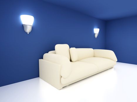 3D rendered Interior. A Sofa in a blue room. 