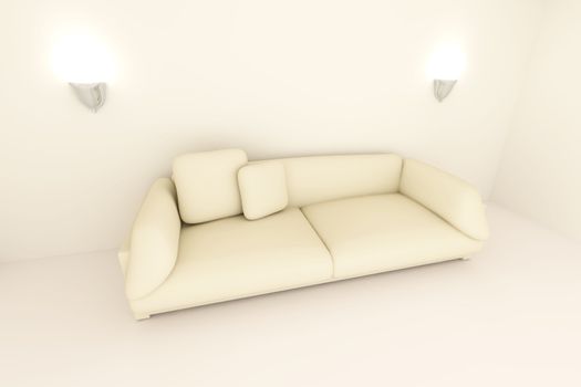 3D rendered Interior. A Sofa in a beige room. 