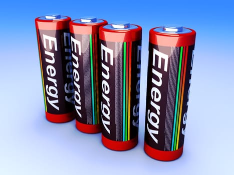 3D rendered Illustration. Four AA Batteries.