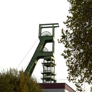 Headgear tower of underground coal mine shaft.