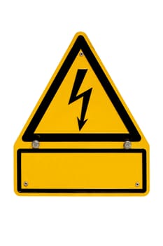 Real metal high voltage danger sign isolated on white with blank copyspace for your message.