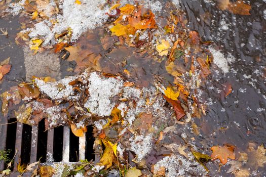 Hail, fall leaves and debris block up sewer hole restricting runoff flow.