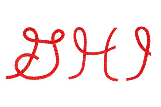 Red fiber rope bent in the form of letter G,H,I