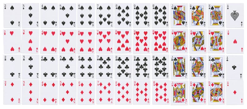 Full deck of playing cards isolated on white