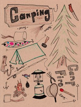 camping doodles on brown paper