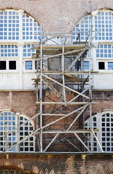 June 2011 architectural detail rickerty wooden scaffold at Hagia Sophia Istanbul Turkey