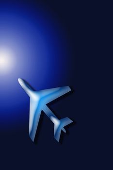 Passenger airplane in the blue sky landing away