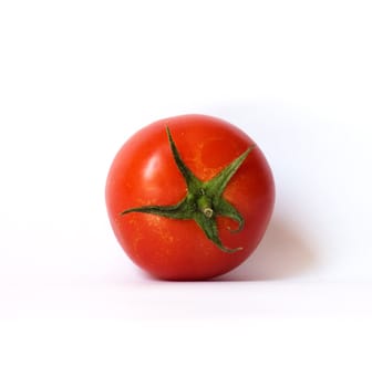 closeup of one red tomato on white background 