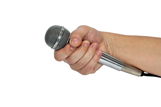 Microphone in hand isolated on white 