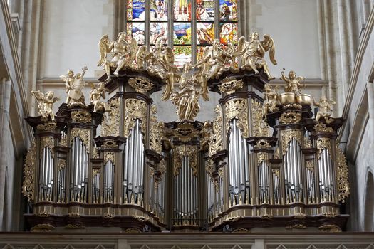 Saint Barbara church - Organ Loft and Stained glass in the church.
Saint Barbara Church in Kutna Hora is one of the most famous Gothic churches in central Europe and it is a UNESCO world heritage site. St Barbara is the patron saint of miners (among others), which was highly appropriate for a town whose wealth was based entirely upon its silver mines.
Construction began in 1388.The first architect was probably Johann Parler, son of Peter Parler, but studies say that Peter Parler had participated at least as a co-author of the draft design. Work on the building was interrupted for more than 60 years during the Hussite Wars and when work resumed in 1482, Matej Rejsek and Benedikt Rejt, two architects from Prague, assumed responsibility.
