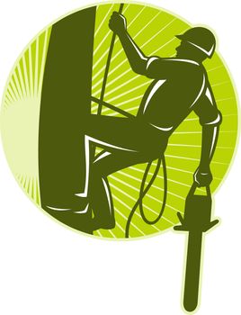 illustration of an arborist tree surgeon with chainsaw climbing a tree done in retro style set inside circle
