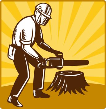 illustration of an arborist tree surgeon with chainsaw cutting tree stump done in retro style set inside square
