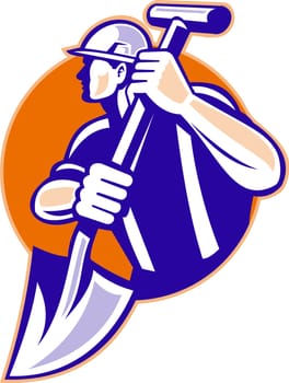 illustration of a construction worker holding a shovel spade  done retro style set inside a circle on isolated background
