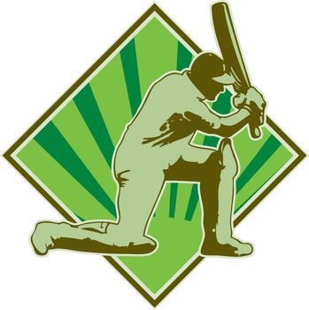 graphic design illustration of a cricket player batsman batting done in retro style
