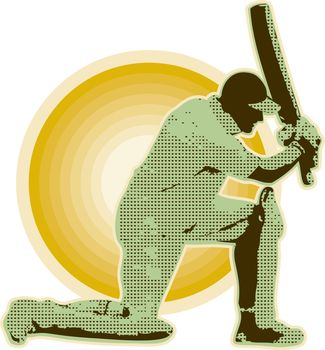 graphic design illustration of a cricket player batsman batting done in retro style
