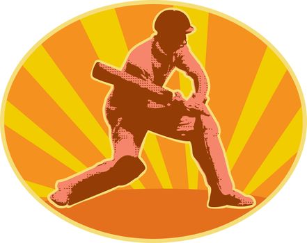 graphic design illustration of a cricket player batsman batting done in retro style with sunburst in background set inside ellipse
