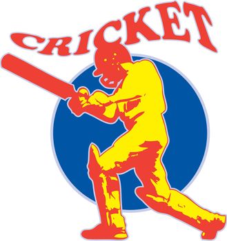 graphic design illustration of a cricket player batsman batting done in retro style with word cricket
