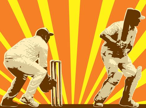 graphic design illustration of a cricket player batsman batting with wicket keeper done in retro style with sunburst in background.

