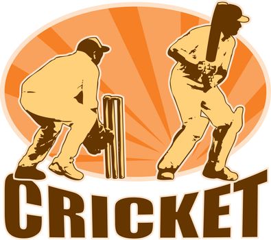 graphic design illustration of a cricket player batsman batting with wicket keeper done in retro style with sunburst in background.
