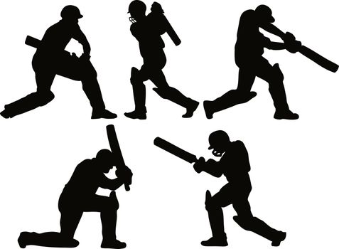 graphic design illustration of a cricket player batsman batting silhouettes on isolated white background