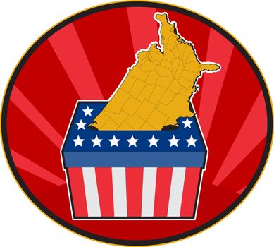 illustration of an election ballot box with American stars and stripes flag and map of United States of America set inside an ellipse with sunburst in background