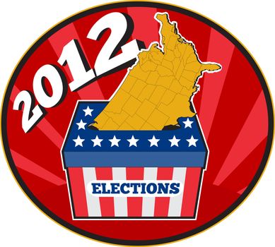 illustration of an election ballot box with American stars and stripes flag and map of United States of America set inside an ellipse with sunburst in background and words 2012