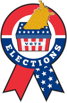 illustration of a ribbon showing election ballot box with American stars and stripes flag and map of United States of America with words vote elections 