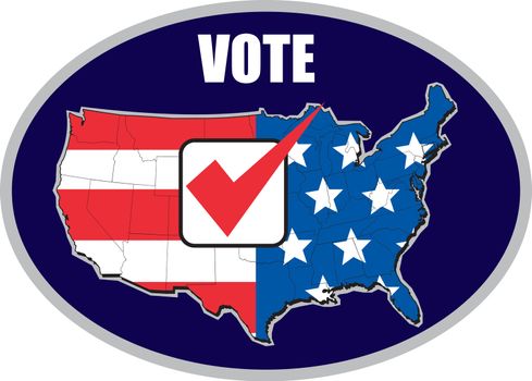 illustration of map of United States of America with stars and stripes American flag and tick mark and words vote 