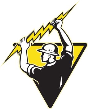 illustration of an electrician power lineman holding electric lighting bolt set inside triangle on isolated background done in retro style..
