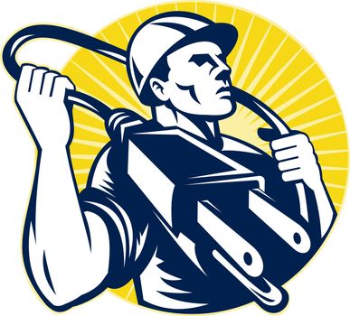 illustration of an electrician looking up with electric cord plug holding it like a lasso set inside circle done in retro style.
