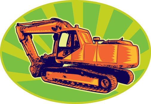 illustration of a construction mechanical digger excavator  tractor bulldozer done in retro style set inside ellipse
