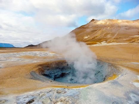 Active geothermal fumarole in Iceland in summer time