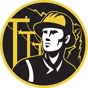 illustration of a power lineman electrician repairman worker looking up with electric utility pole post and lightning bolt in the background set inside a circle.
