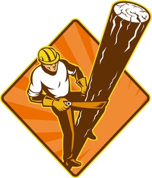 illustration of a power lineman electrician repairman worker at work climbing electric utility pole set inside diamond on isolated background viewed from a high angle

