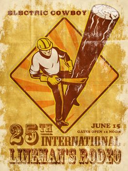poster illustration of  power lineman electrician repairman worker climbing electric utility pole viewed from a high angle with words international lineman rodeo grunge style

