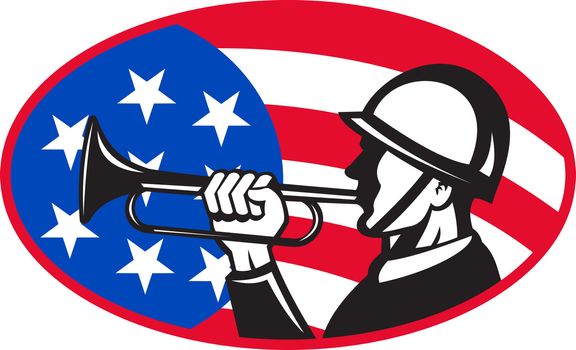 illustration of an American soldier with bugle and stars and stripes flag set inside ellipse done in retro style.
